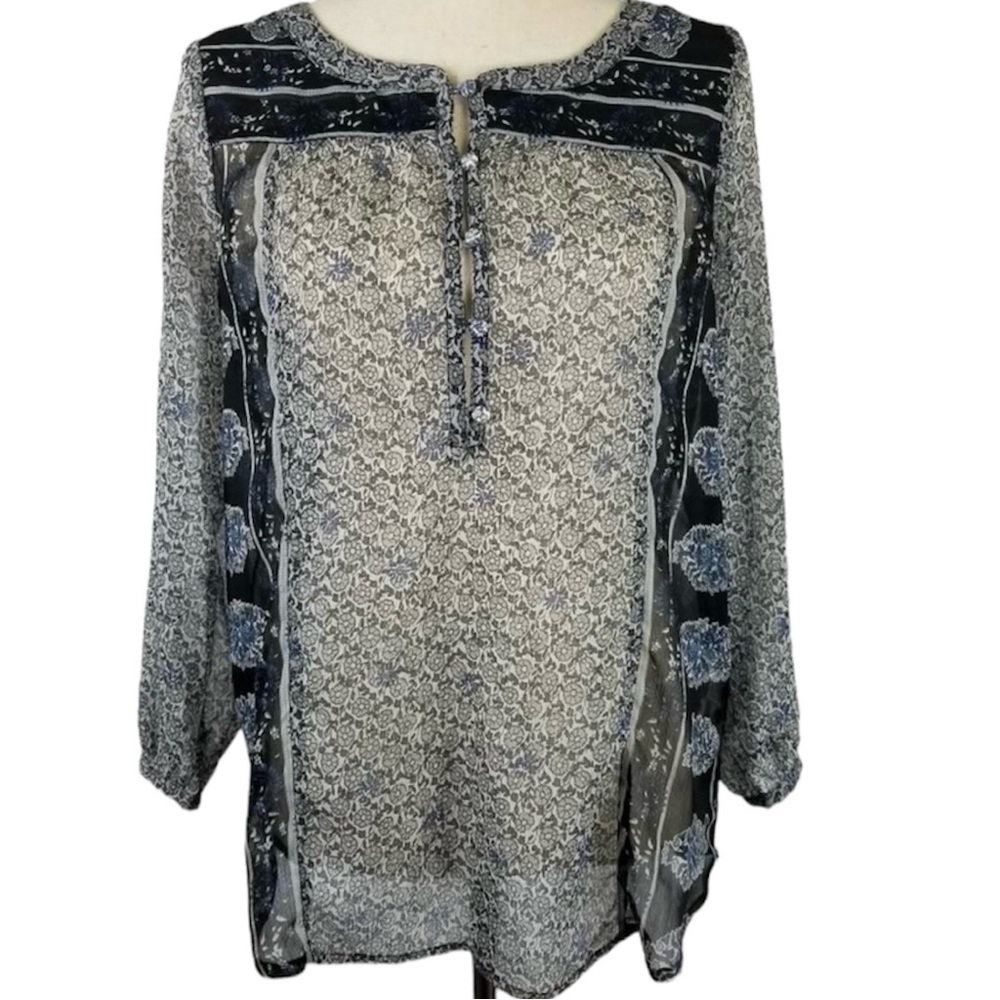 Lucky Brand Boho Blouse, 3/4 Sleeve Semi-Sheer Floral Blue & Grey Top, Small